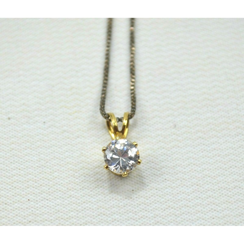 Vintage Gold Tone Necklace with Large Clear Rhinestone Pendant‎ 17"